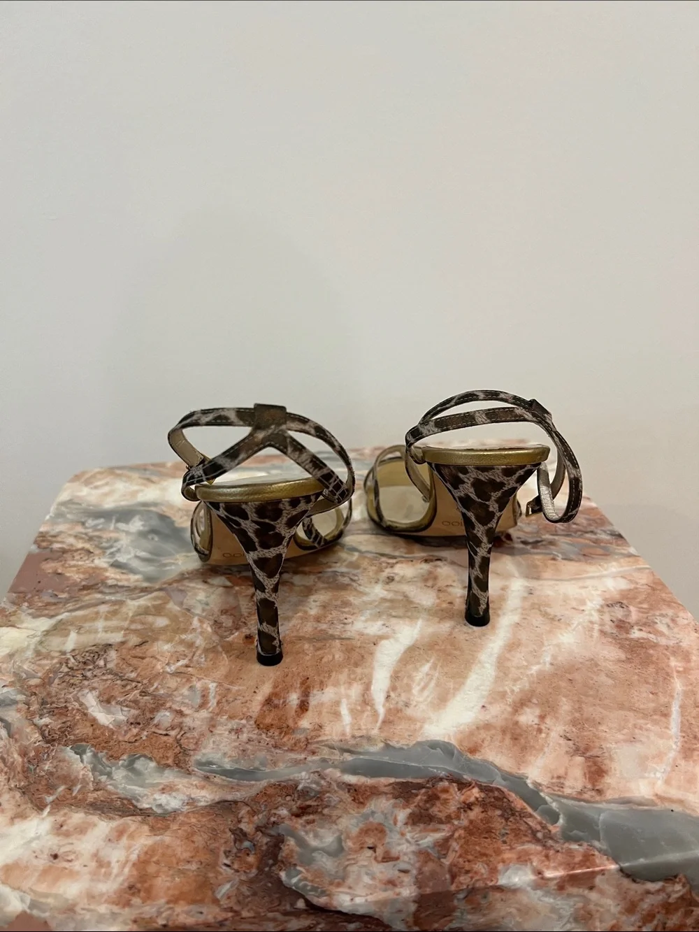 Jimmy Choo Gold and Brown Patterned Strappy Sandals